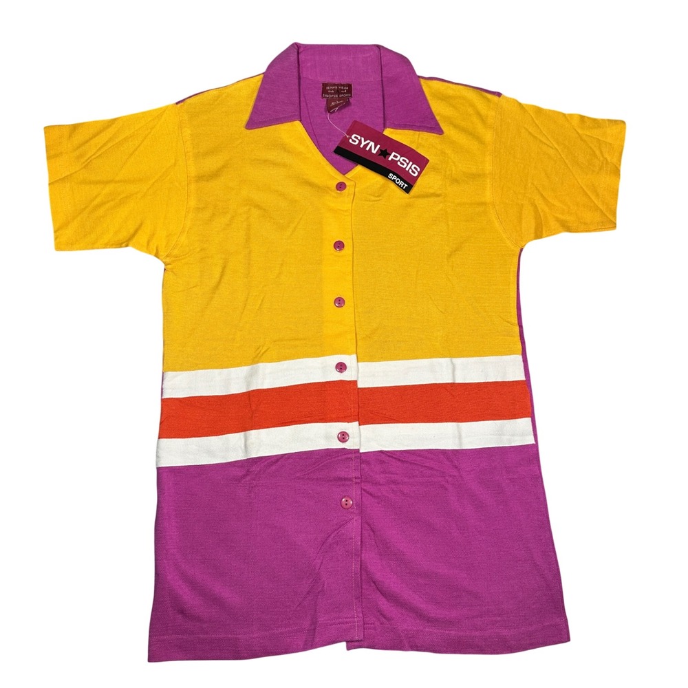 VTG Synopsis Sport Womens L Colorblock Button Up Knit Shirt Yellow Purple NWT